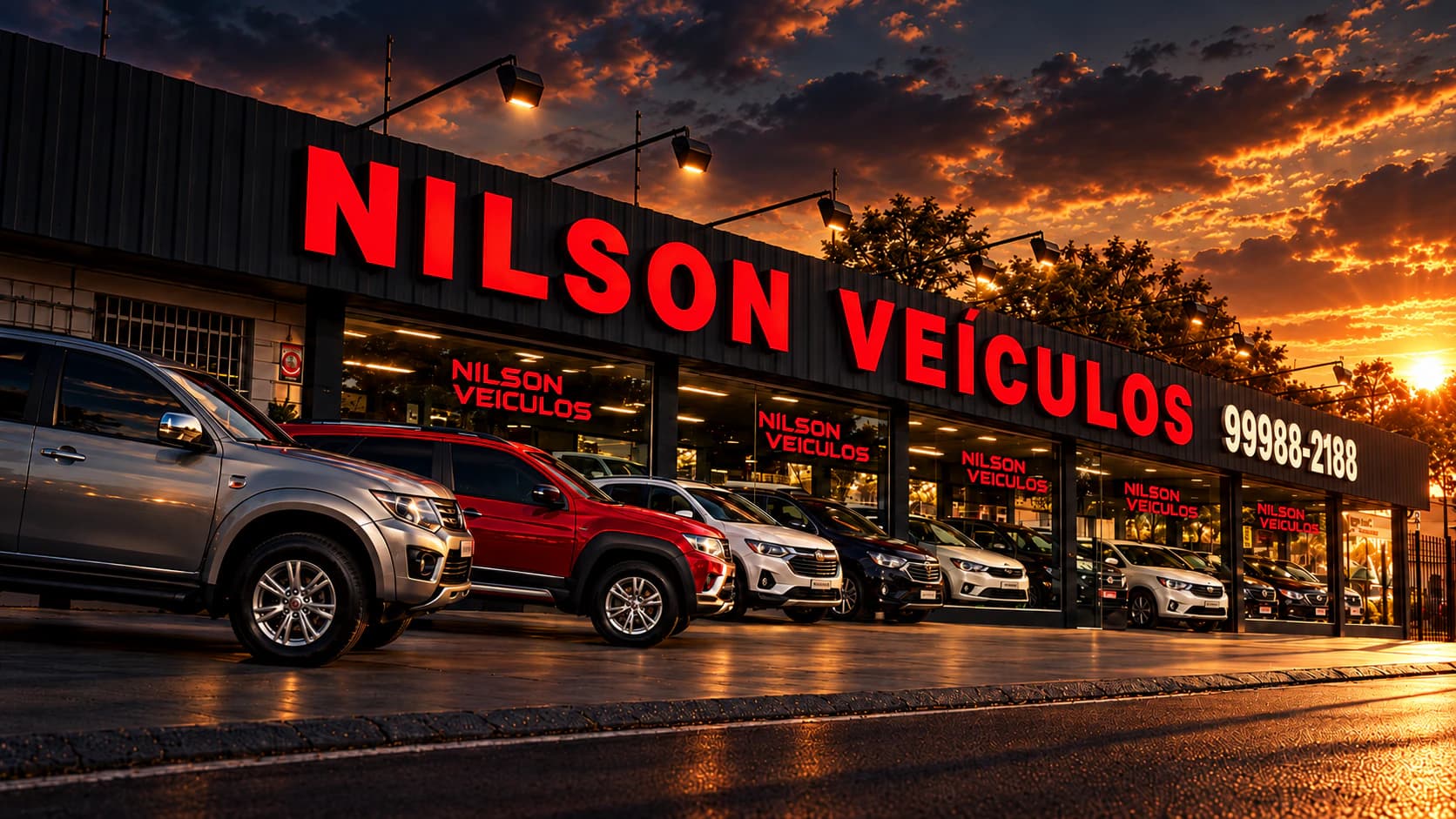 Fachada da Nilson Veículos com os carros em exposição ao pôr do sol